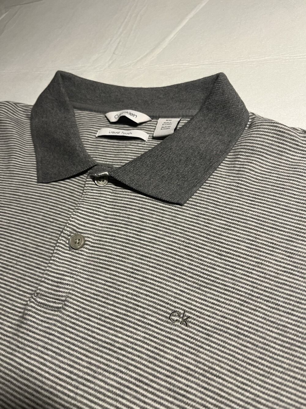 Calvin Klein Liquid Touch Polo Shirt Mens M Gray Striped Short Sleeve CK